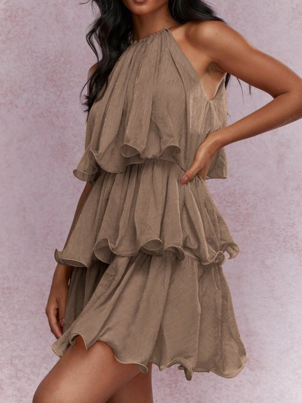 Coffee Boho Women's Elegant Tiered Ruffle Mini Halter Neck Dress - Picture 3 of 5